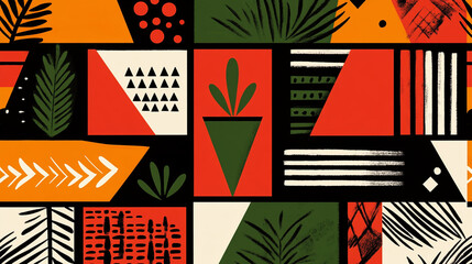 Colorful Geometric Illustration with Bold Shapes and Botanical Motifs