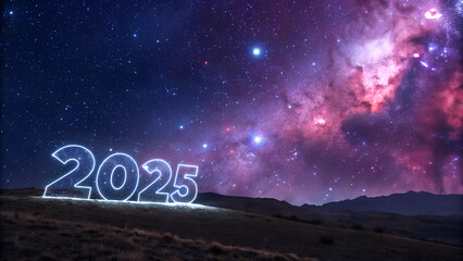 Illuminated numbers 2025 against a cosmic starry night sky with colorful nebula