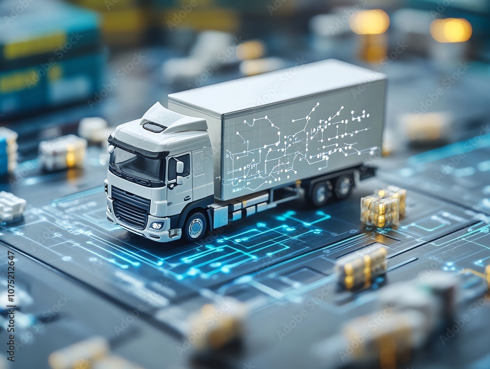 Poster Miniature truck on a circuit board with glowing lines representing digital technology, depicting the concept of automated transportation and logistics.