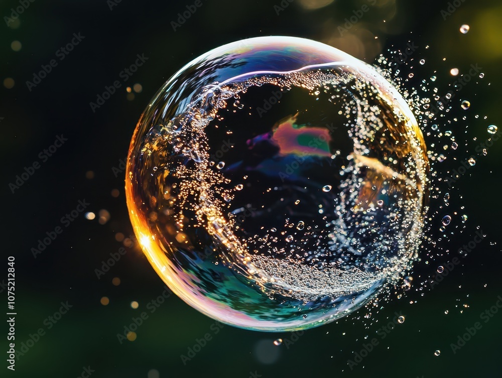Poster a close-up image of a soap bubble reflecting light and surrounded by tiny droplets, showcasing its i