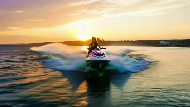 A young woman speeds across the water on a jet ski during a stunning sunset, embodying excitement and adventure with the open sea as her backdrop.