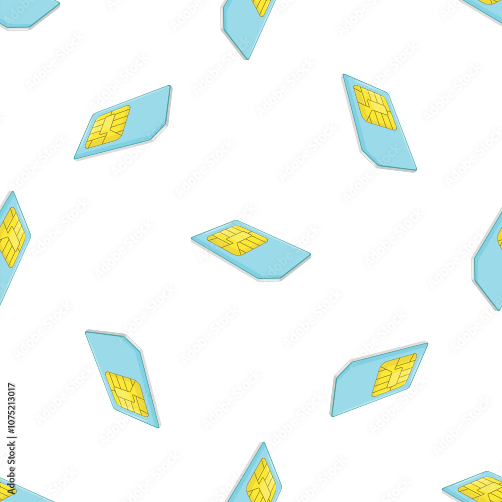 Poster light blue sim cards with yellow chip are repeating on a white background creating a seamless patter