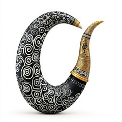 Ornate decorative horn with intricate patterns on white isolate background.