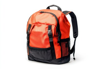 Orange backpack with black accents, isolated on a white background.