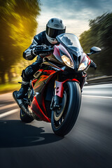 mtorcycle driver on bike with motion blurred background