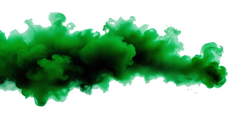 Beautiful green smoke plume isolated on transparent background. bright orange paint color powder festival background.	