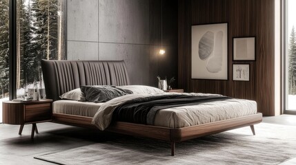 Modern bedroom interior design featuring a sleek wooden bed with plush bedding, warm lighting, and contemporary artwork, surrounded by a serene nature backdrop.