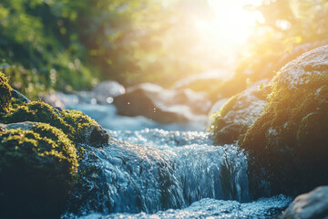 Close-up of flowing water in the rocks, with sunlight, mossy stones
