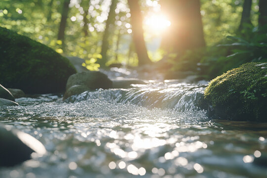 Close-up of flowing water in the rocks, with sunlight, mossy stones