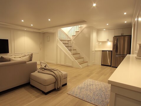 Modern basement living space with a couch, a coffee table, and a kitchen area.