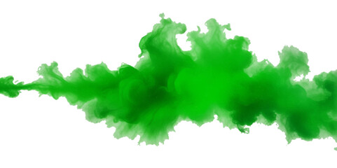 Beautiful green smoke plume isolated on transparent background. bright orange paint color powder festival background.	