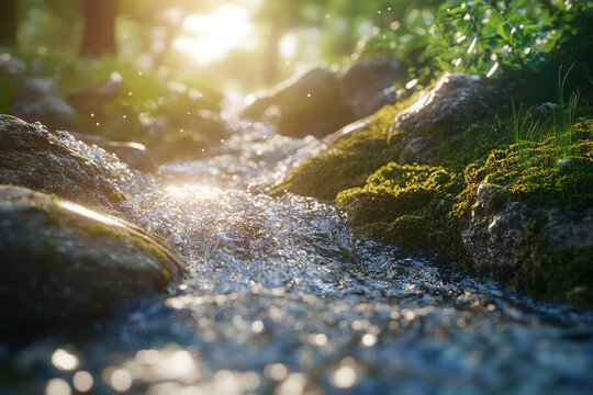 Close-up of flowing water in the rocks, with sunlight, mossy stones