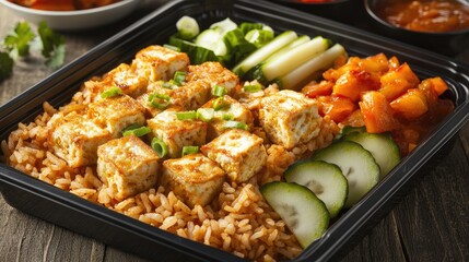 Fototapeta premium Delicious Asian Cuisine Meal with Fried Rice, Tofu, Fresh Vegetables, and Sweet Sauce Served in a Black Takeout Container on a Rustic Wooden Table