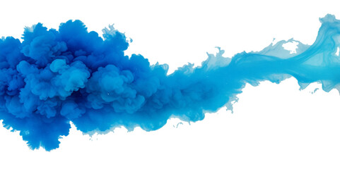 Beautiful blue smoke plume isolated on transparent background. bright orange paint color powder festival background