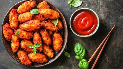 Crispy Fried Snack Bites Served with Tangy Ketchup on a Rustic Wooden Table, Garnished with Fresh Basil Leaves for a Mouthwatering Presentation