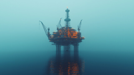 Oil Rig in Mist: A solitary oil rig stands tall against a backdrop of swirling mist, its imposing structure a beacon of industry in the vast expanse of the ocean.