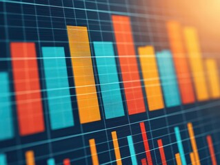 Fototapeta premium Vibrant data visualization with colorful bars representing statistical trends and analysis in a modern digital interface.