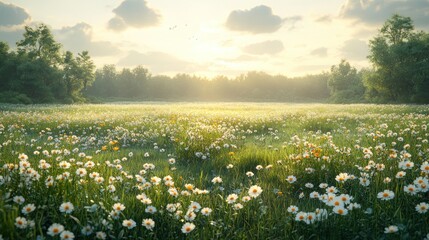 Serene meadow filled with daisies under a soft, glowing sky.