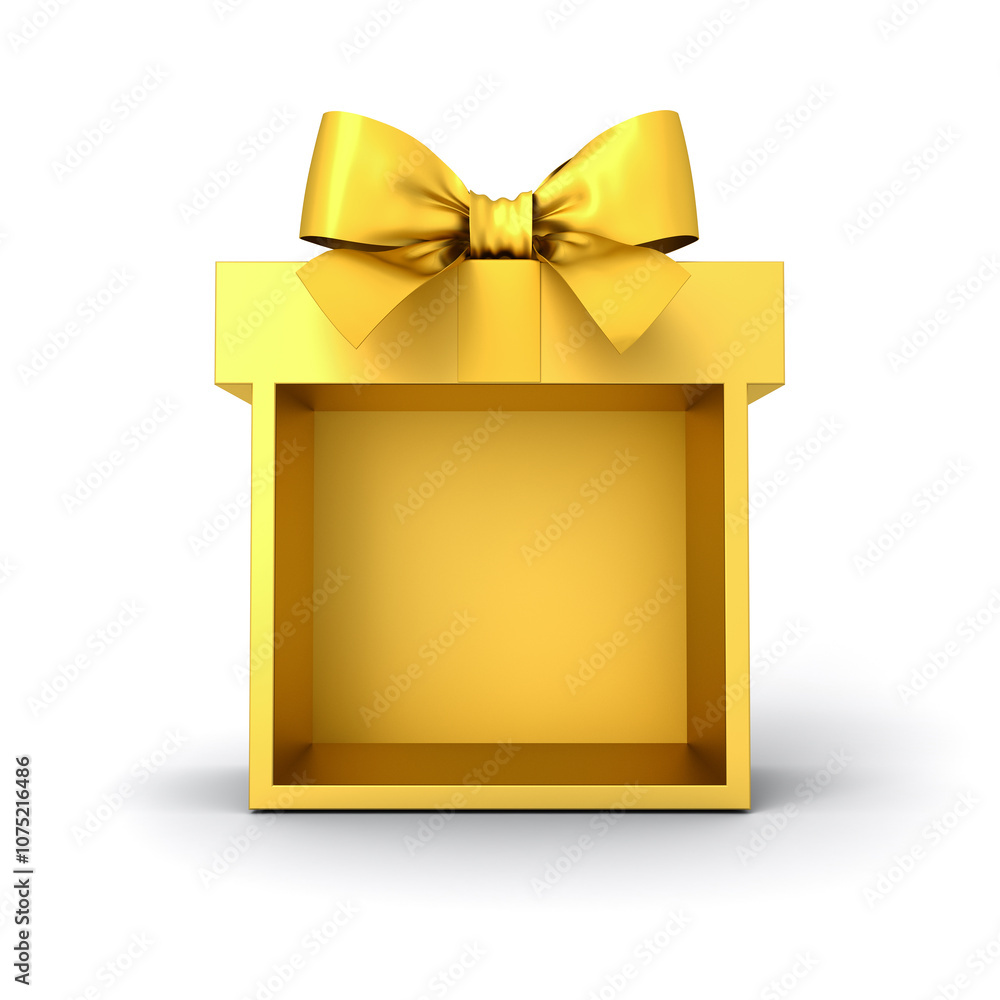 Poster Blank all gold gift box product display mock up showcase stand with gold ribbon bow or gold present product podium isolated on white background creative idea concept 3D rendering