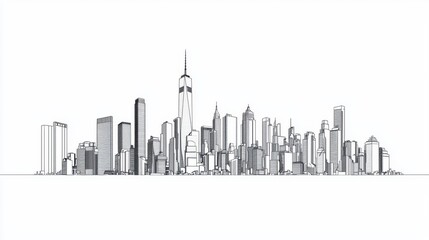 A minimalist skyline illustration featuring various skyscrapers against a white background.