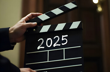Clapper board with the numbers 2025, the symbol of the New year. Film making equipment. Concept of beginning of the New year