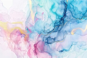 Abstract Watercolor Painting with Pink, Blue, and Gold Hues
