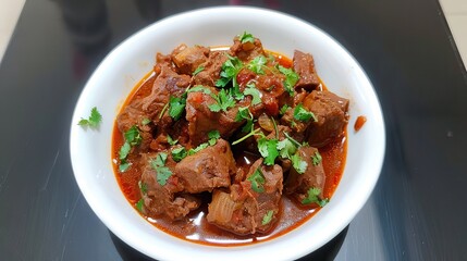 Halal food ingredients cooking. A bowl of flavorful, spiced meat curry garnished with fresh cilantro, served on a glossy black surface.