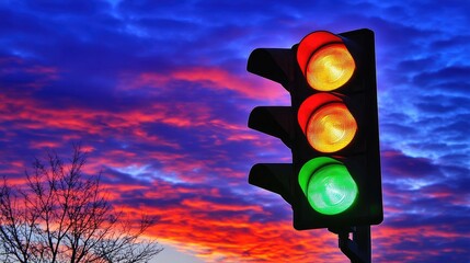 Vibrant Traffic Light Against a Stunning Sunset Sky with Bold Colors of Red, Yellow, and Green, Illuminating the Dusk Scene for Urban and Roadway Themes