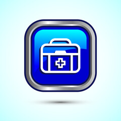 Medical first aid kit icon, Medicine emergency box health care sign. Blue Color Square Button Design