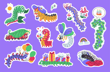 Cartoon caterpillar vector stickers set, cute worm with gifts boxes, balloon, flower doodle drawn larva different colors