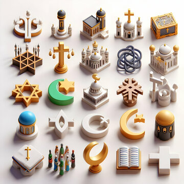 3D Plain Religious Symbols Set Unity Diversity World Religion Day Infographics Faiths Icons Isolated White Background Symbolism Beliefs Multifaith Harmony 3D Icon Design