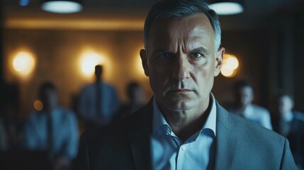 Middle-aged man with a serious expression standing in a conference room with evening lighting, with a group of people behind him