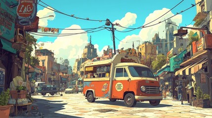 Fototapeta premium Vibrant Cartoon Truck Scene on a Busy Street