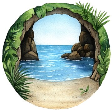 watercolor beach scene through stone archway clip art preview
