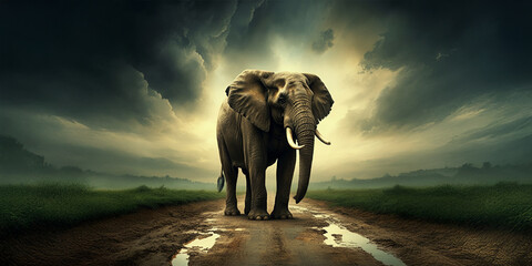 Majestic Elephant Walking on Road Muddy Road, Powerful Inspiration Imagery, Stormy Clouds, Power & Influence