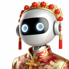 3D Close Up Robot Traditional Chinese Attire Chinese New Year Technology Heritage Portrait Ample Copy Space Chibi Icon Cute Character White Background