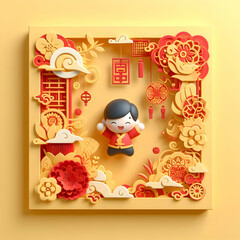 3D Plain Yellow Background Red Paper Cut Designs Lunar New Year Joy Good Fortune Copy Space Branding