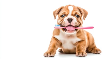 Obraz premium Cheerful Puppy with Toothbrush in Its Mouth