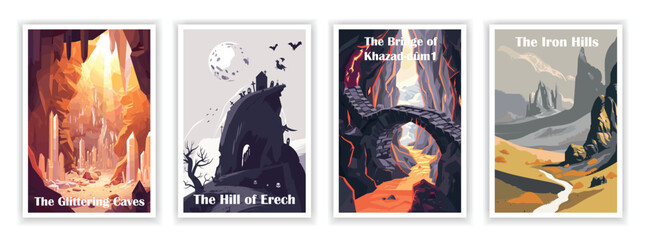 Fototapeta premium Colorful Middle Earth Poster of The Bridge of Khazad-dûm, The Glittering Caves, The Hill of Erech, and The Iron Hills, Minimalist Art Travel Poster