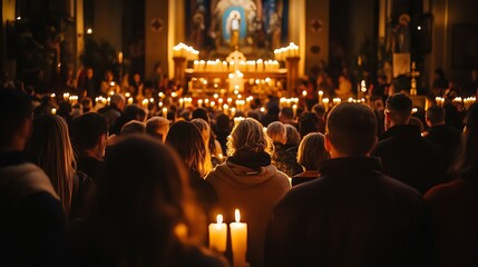 Congregation of People Holding Lit Candles in a Church