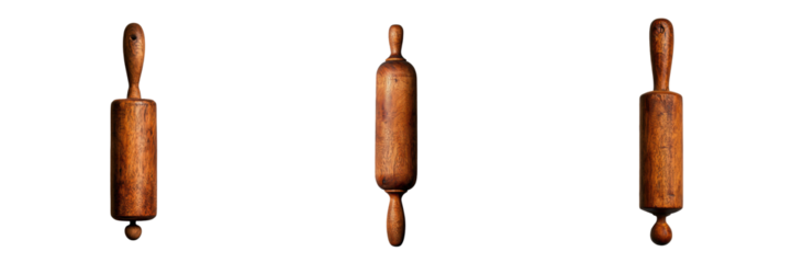 Three wooden rolling pins arranged on a dark background for culinary themes.