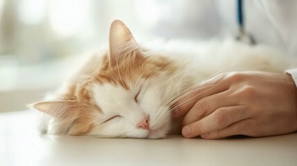 old cat on clinic table with veterinarian holding, soft daylight in office