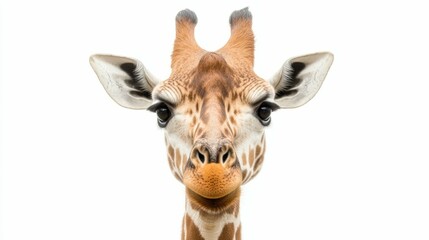 Giraffe with long neck and soft eyes, head turned slightly to the side, looking forward, close-up, centered, isolated on a white background