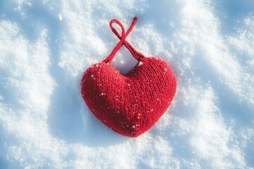 Warm Red Mittens Cradling a Heart in Snow