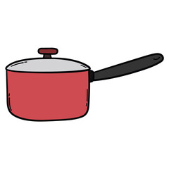 Hand drawn cartoon red saucepan on white background.