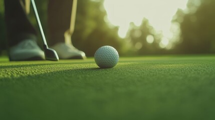 Close-up of man putting on green golf course, golf ball in focus, soft outdoor lighting with detailed grass texture