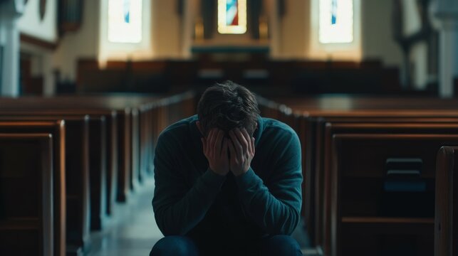 Sad man sitting in church alone, hands covering his face, empty pews around him