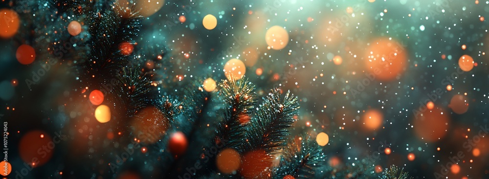 Poster a beautiful christmas tree with a lot of sparkles and snow. the snow is falling in different directi