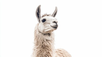 Obraz premium Llama with fluffy beige fur, standing with a calm expression, looking forward, full-length, centered, isolated on a white background