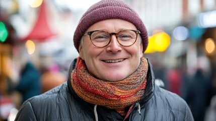 Cheerful Older Man in Cozy Winter Attire Smiling in Urban Setting
